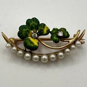 Antique Victorian solid 14kt gold seed pearls precious gems 4 leaf clover brooch